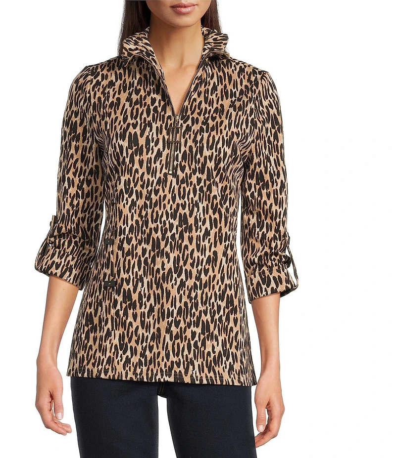 Calessa Petite Size Jacquard Animal Print Yarn-Dye Wire Collar Roll-Tab Sleeve Quarter Zip Tunic