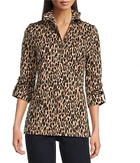 Calessa Petite Size Jacquard Animal Print Yarn-Dye Wire Collar Roll-Tab Sleeve Quarter Zip Tunic