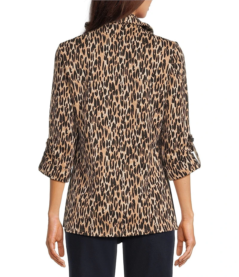 Calessa Petite Size Jacquard Animal Print Yarn-Dye Wire Collar Roll-Tab Sleeve Quarter Zip Tunic