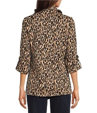 Calessa Petite Size Jacquard Animal Print Yarn-Dye Wire Collar Roll-Tab Sleeve Quarter Zip Tunic