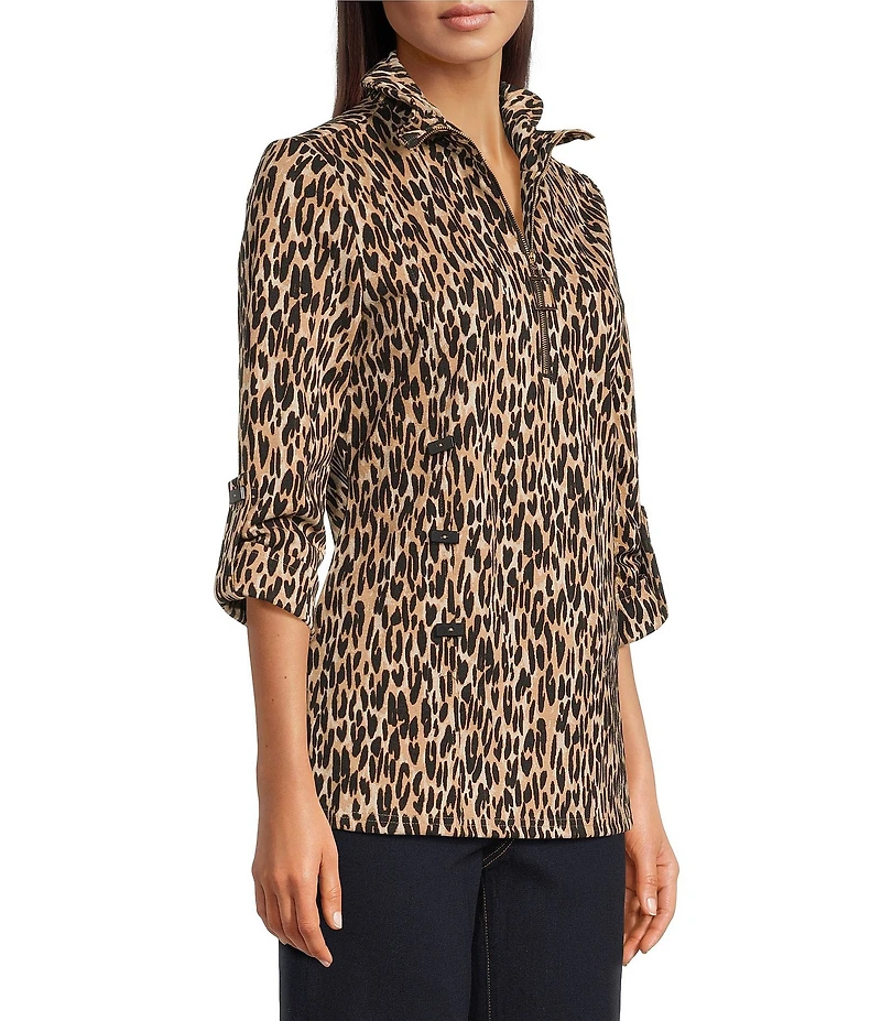 Calessa Petite Size Jacquard Animal Print Yarn-Dye Wire Collar Roll-Tab Sleeve Quarter Zip Tunic