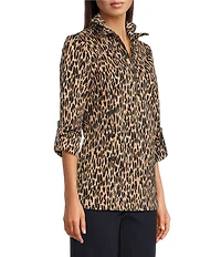 Calessa Petite Size Jacquard Animal Print Yarn-Dye Wire Collar Roll-Tab Sleeve Quarter Zip Tunic