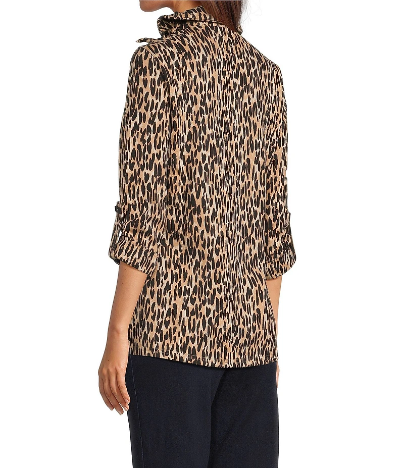 Calessa Petite Size Jacquard Animal Print Yarn-Dye Wire Collar Roll-Tab Sleeve Quarter Zip Tunic