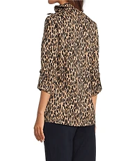 Calessa Petite Size Jacquard Animal Print Yarn-Dye Wire Collar Roll-Tab Sleeve Quarter Zip Tunic