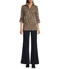 Calessa Petite Size Jacquard Animal Print Yarn-Dye Wire Collar Roll-Tab Sleeve Quarter Zip Tunic