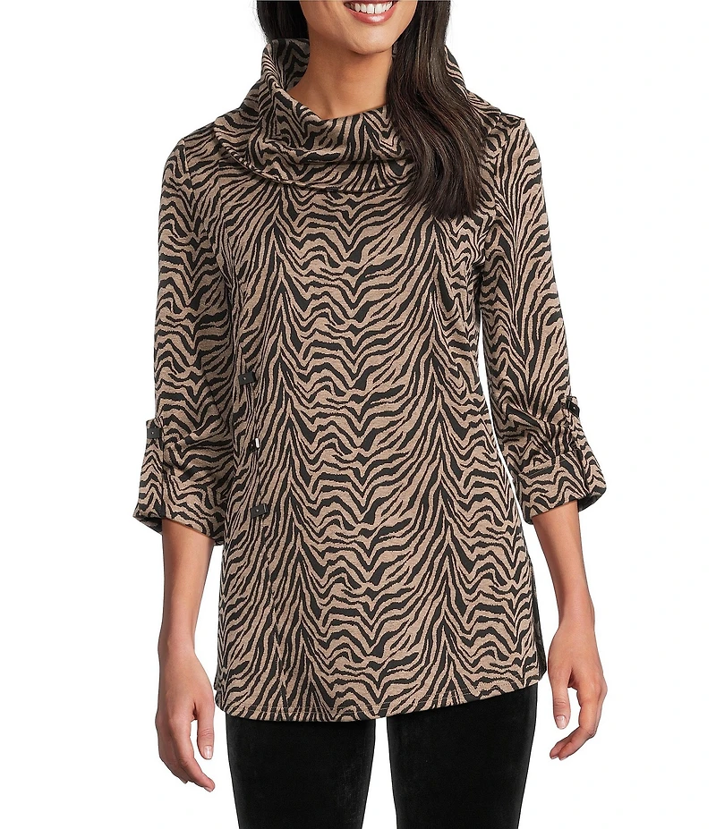 Calessa Petite Size Jacquard Knit Zebra Print Cowl Neck 3/4 Sleeve Tunic