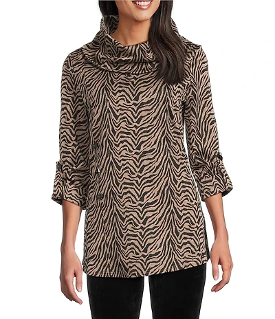 Calessa Petite Size Jacquard Knit Zebra Print Cowl Neck 3/4 Sleeve Tunic