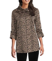 Calessa Petite Size Jacquard Knit Zebra Print Cowl Neck 3/4 Sleeve Tunic