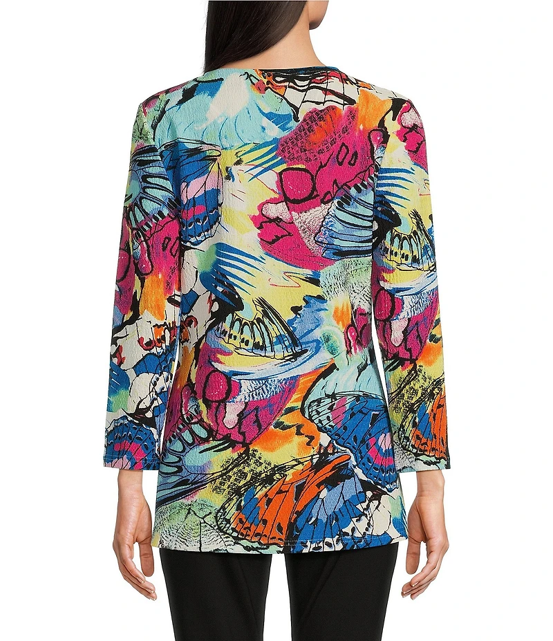 Calessa Petite Size Knit Abstract Butterfly Print Crew Neck 3/4 Sleeve Tunic