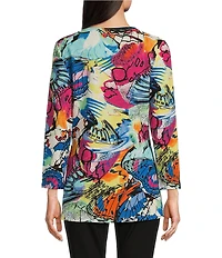 Calessa Petite Size Knit Abstract Butterfly Print Crew Neck 3/4 Sleeve Tunic