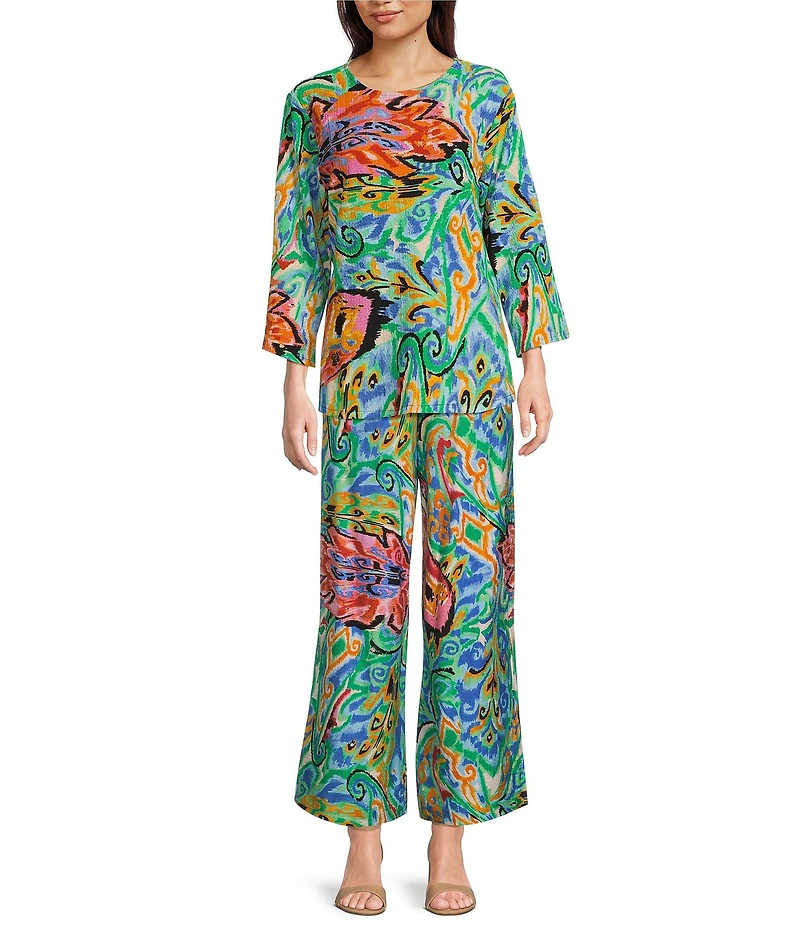 Calessa Petite Size Coordinating Knit Abstract Mosaic Print Crew Neck 3/4 Sleeve Tunic