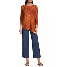Calessa Petite Size Knit Burnout Crew Neck 3/4 Sleeve Asymmetric Hem Tunic