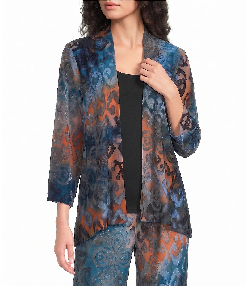 Calessa Petite Size Knit Burnout Draped Front 3/4 Sleeve Open Front Cardigan