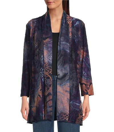 Calessa Petite Size Knit Burnout Tie-Dye Print Wrist Sleeve Open-Front Cardigan