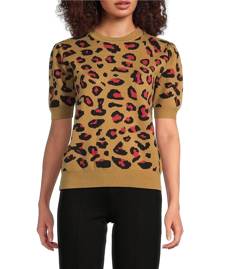 Calessa Petite Size Knit Intarsia Animal Print Round Neck Short Sleeve Contrast Trim Sweater