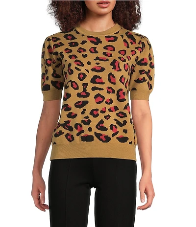 Calessa Petite Size Knit Intarsia Animal Print Round Neck Short Sleeve Contrast Trim Sweater