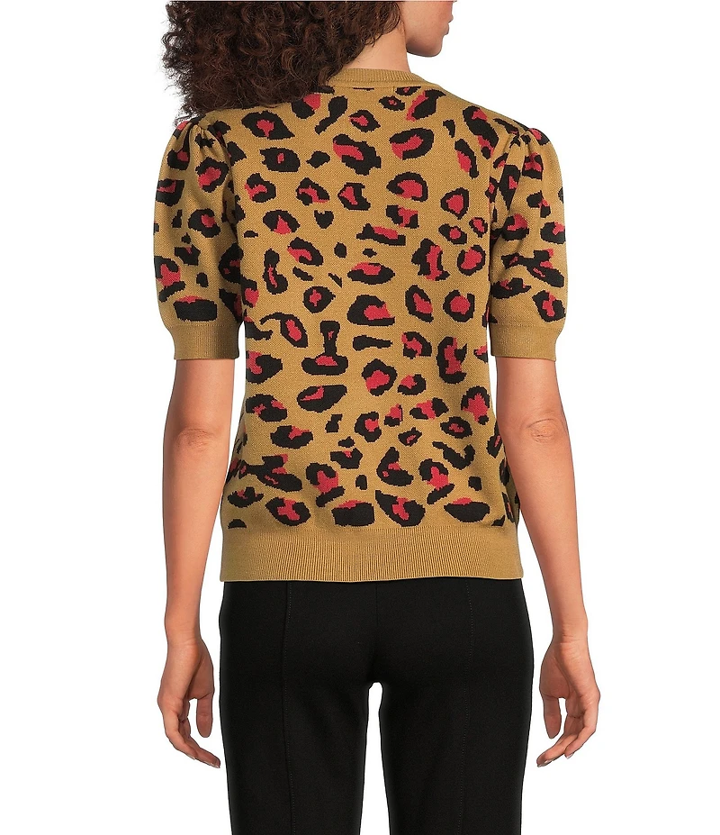 Calessa Petite Size Knit Intarsia Animal Print Round Neck Short Sleeve Contrast Trim Sweater