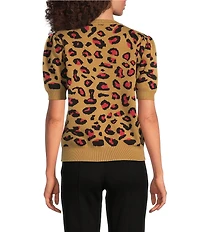Calessa Petite Size Knit Intarsia Animal Print Round Neck Short Sleeve Contrast Trim Sweater