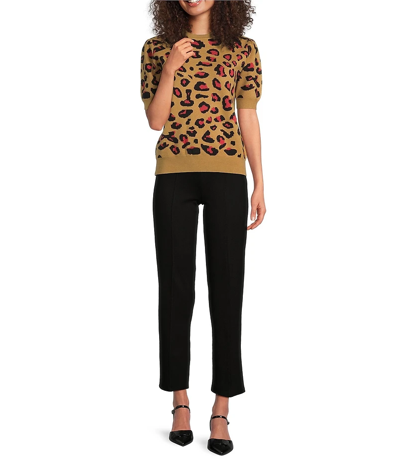 Calessa Petite Size Knit Intarsia Animal Print Round Neck Short Sleeve Contrast Trim Sweater