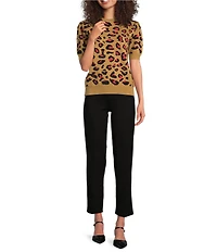 Calessa Petite Size Knit Intarsia Animal Print Round Neck Short Sleeve Contrast Trim Sweater