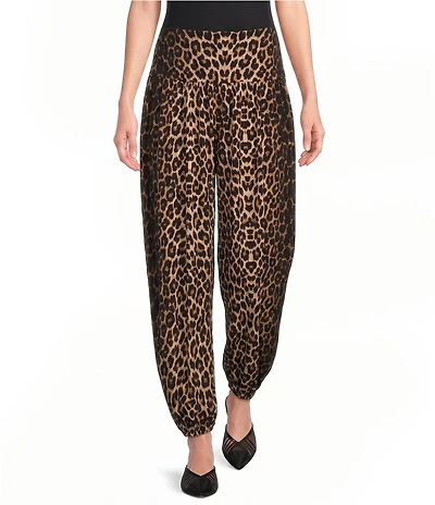 Calessa Petite Size Knit Jersey Leopard Print Coordinating Balloon Ankle Pants