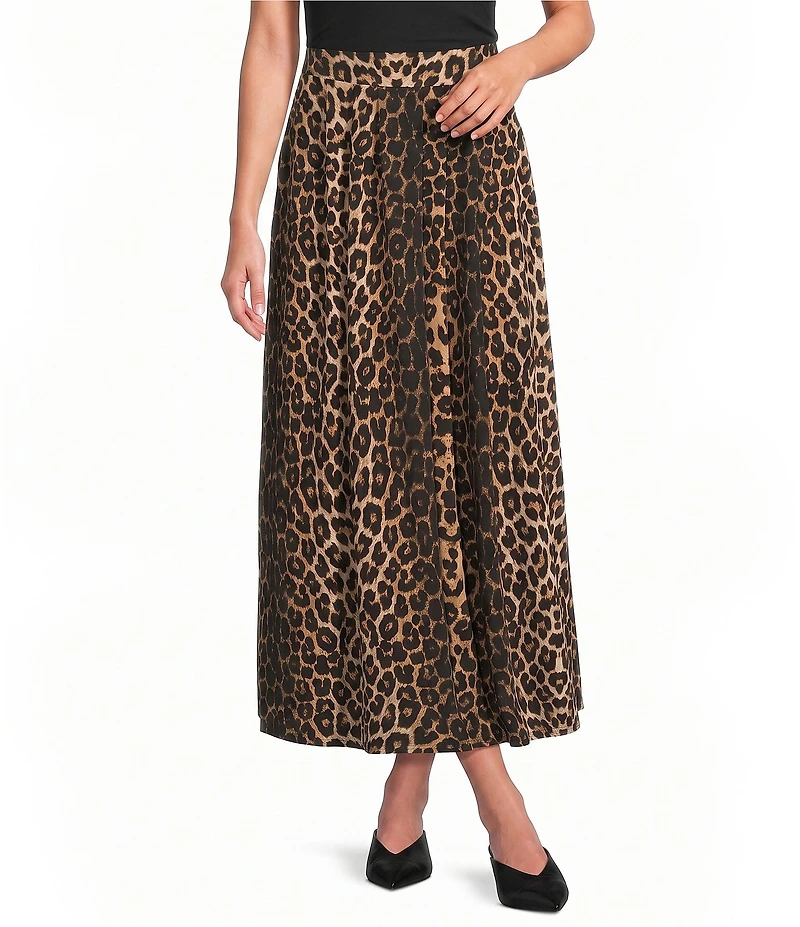 Calessa Petite Size Knit Leopard Print Pull-On A-Line Midi Skirt