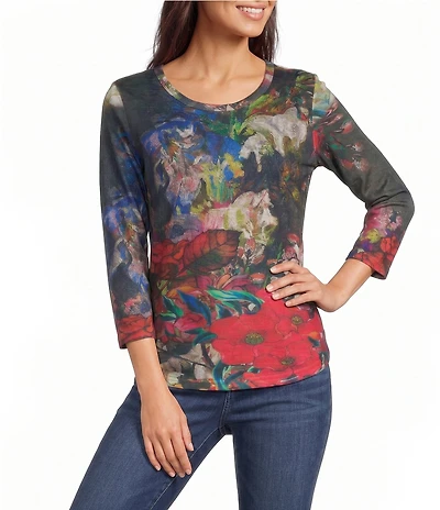 Calessa Petite Size Knit Multicolor Digital Crew Neck 3/4 Sleeve Top