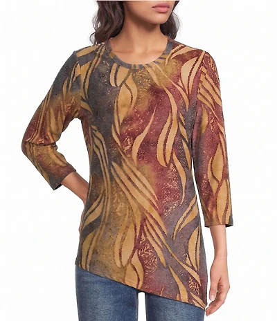 Calessa Petite Size Knit Print Scoop Neck 3/4 Sleeve Asymmetric Top