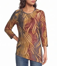 Calessa Petite Size Knit Print Scoop Neck 3/4 Sleeve Asymmetric Top