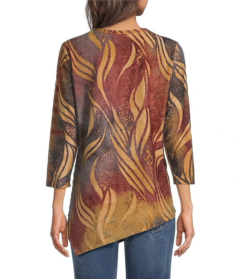 Calessa Petite Size Knit Print Scoop Neck 3/4 Sleeve Asymmetric Top
