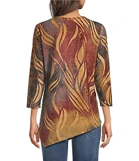 Calessa Petite Size Knit Print Scoop Neck 3/4 Sleeve Asymmetric Top
