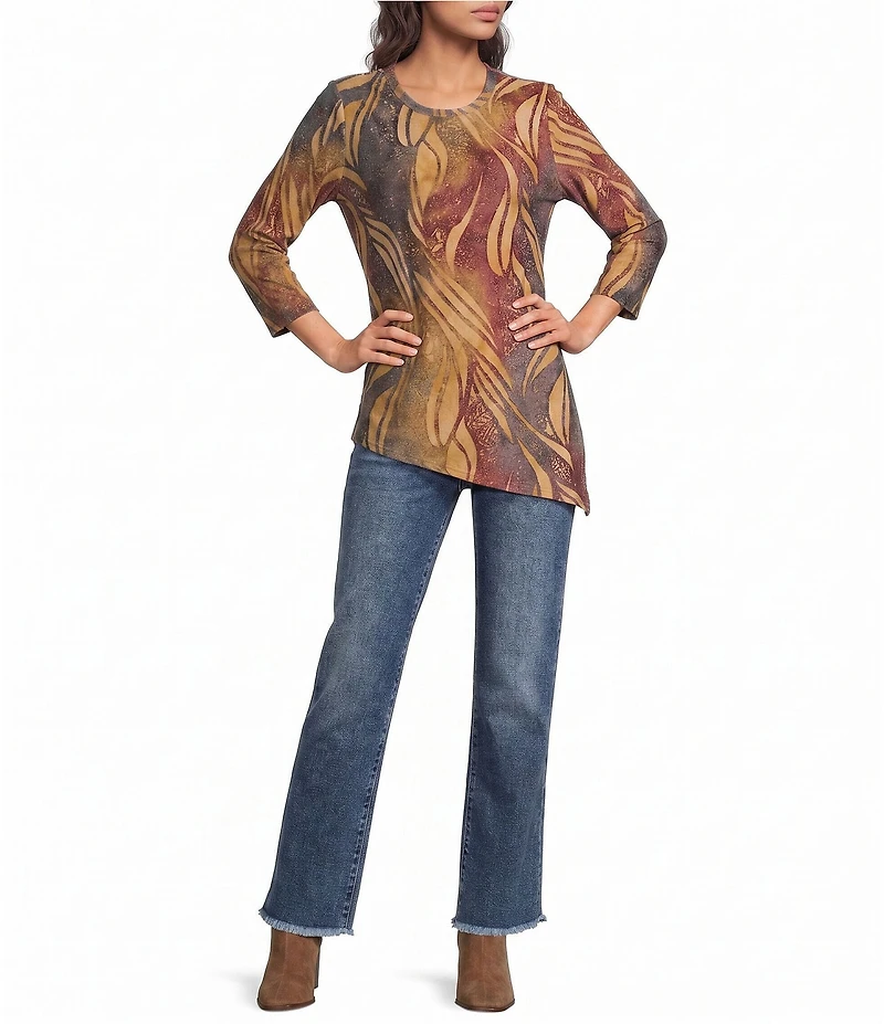 Calessa Petite Size Knit Print Scoop Neck 3/4 Sleeve Asymmetric Top