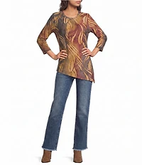 Calessa Petite Size Knit Print Scoop Neck 3/4 Sleeve Asymmetric Top