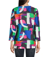 Calessa Petite Size Knit Printed Scoop Neck 3/4 Sleeve Tunic