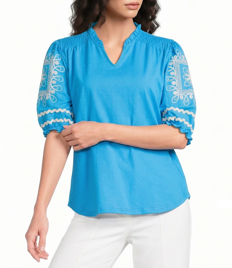 Calessa Petite Size Knit Split Neck Embroidered Elbow Length Balloon Sleeve Top