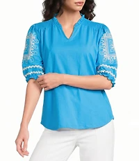 Calessa Petite Size Knit Split Neck Embroidered Elbow Length Balloon Sleeve Top