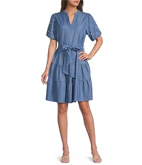 Calessa Petite Size Knit Split V-Neck Beaded Short Balloon Sleeve A-Line Dress