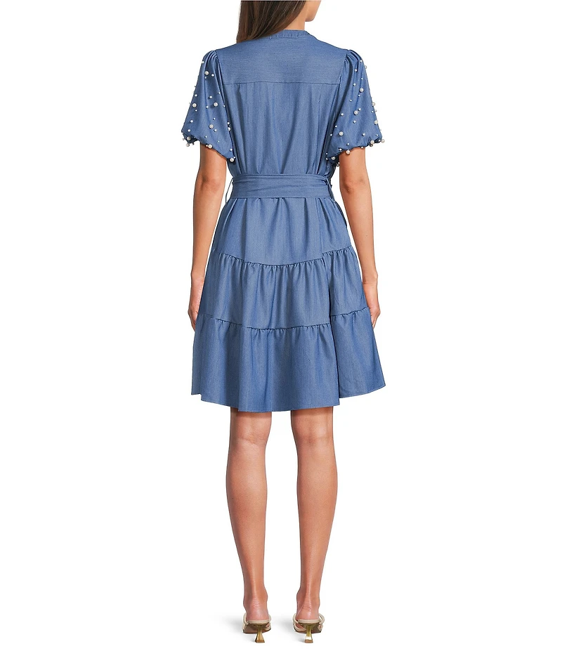 Calessa Petite Size Knit Split V-Neck Beaded Short Balloon Sleeve A-Line Dress