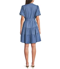 Calessa Petite Size Knit Split V-Neck Beaded Short Balloon Sleeve A-Line Dress