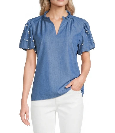 Calessa Petite Size Knit Split V-Neck Beaded Short Puff Balloon Sleeve Tunic