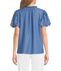 Calessa Petite Size Knit Split V-Neck Beaded Short Puff Balloon Sleeve Tunic