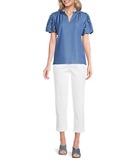 Calessa Petite Size Knit Split V-Neck Beaded Short Puff Balloon Sleeve Tunic