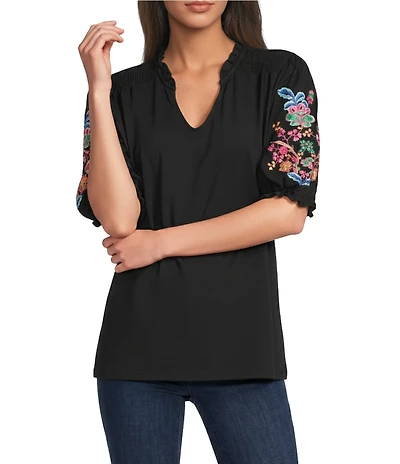Calessa Petite Size Knit Split V-Neck Embroidered Elbow Length Sleeve Top