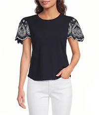 Calessa Petite Size Knit Stretch Crew Neck Embroidered Short Sleeve Top