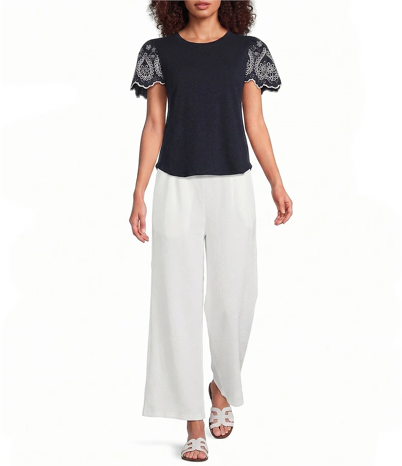 Calessa Petite Size Knit Stretch Crew Neck Embroidered Short Sleeve Top