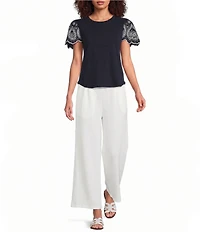 Calessa Petite Size Knit Stretch Crew Neck Embroidered Short Sleeve Top