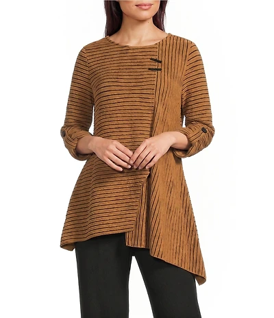 Petite Size Coordinating Knit Stripe Crew Neck 3/4 Sleeve Asymmetric Hem Tunic
