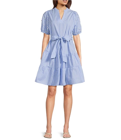 Calessa Petite Size Knit Stripe Split V-Neck Beaded Short Balloon Sleeve A-Line Dress