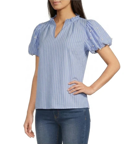 Calessa Petite Size Knit Stripe Split V-Neck Beaded Short Balloon Sleeve Top