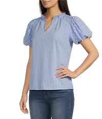 Calessa Petite Size Knit Stripe Split V-Neck Beaded Short Balloon Sleeve Top